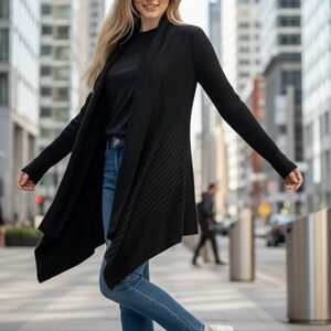 White House Black Market Small Cardigan Sweater Long Black Knit Open Front WHBM